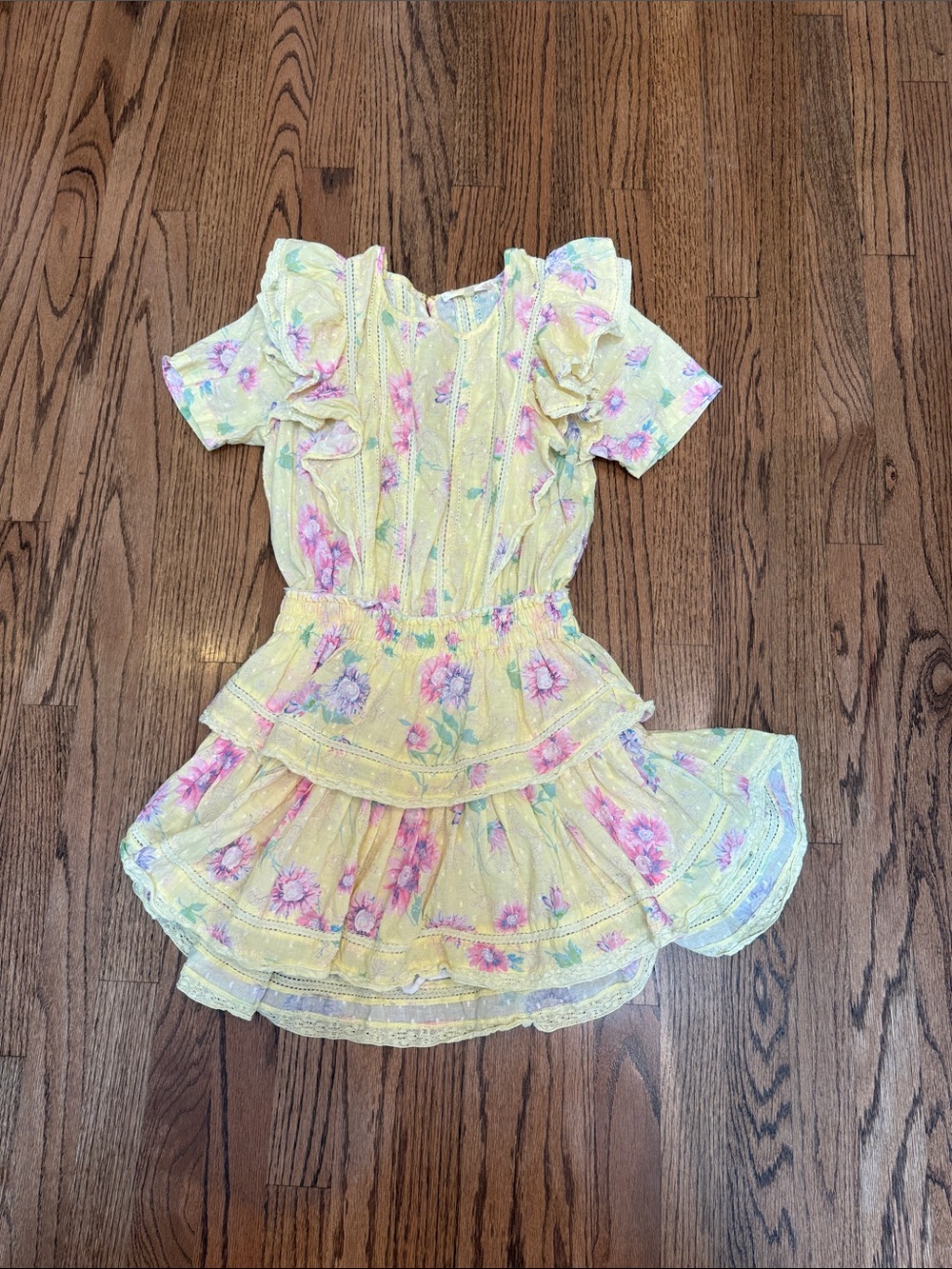 Yellow Floral Ruffle LoveShackFancy Tiered Mini Dress size P